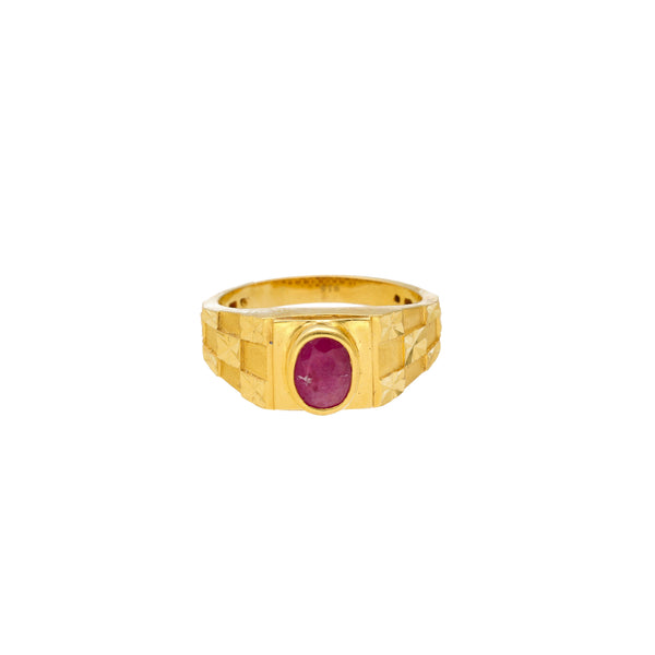 22K Yellow Gold Ring with Ruby Center Stone (6.7gm) | Step into sophistication with this luxurious 22k gold and ruby ring for men by Virani Jewelers. 
...