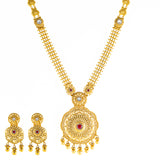 22K Yellow Gold Bridal Necklace Set w/ Kundan & Ruby (79.4gm) | 



Crafted in radiant 22k yellow gold, this exquisite ruby and Kundan necklace and earring set b...