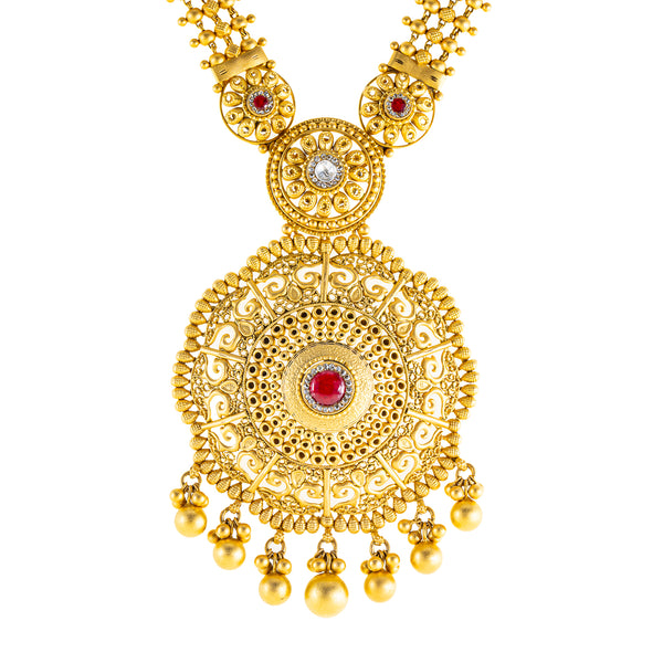 22K Yellow Gold Bridal Necklace Set w/ Kundan & Ruby (79.4gm) | 



Crafted in radiant 22k yellow gold, this exquisite ruby and Kundan necklace and earring set b...