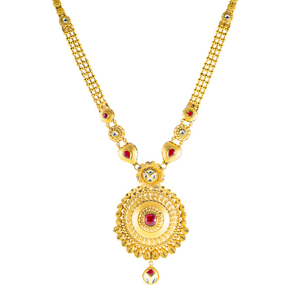 22K Yellow Gold Bridal Necklace Set w/ CZ, Kundan & Ruby (66.7gm) | 



This 22k gold bridal necklace set by Virani Jewelers captivates with its intricate design and...