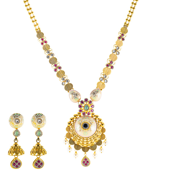 22K Yellow Gold Bridal Necklace Set w/ CZ, Emerald & Ruby (76.2gm) |  




A stunning addition to your jewelry collection, this 22k yellow gold necklace set from Vira...