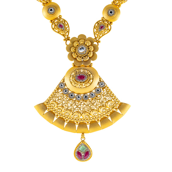 22K Yellow Gold Bridal Necklace Set w/ CZ, Emerald, Kundan & Ruby (62.5gm) | 



Virani Jewelers brings sophistication to life with this beautiful 22k gold necklace set, intr...