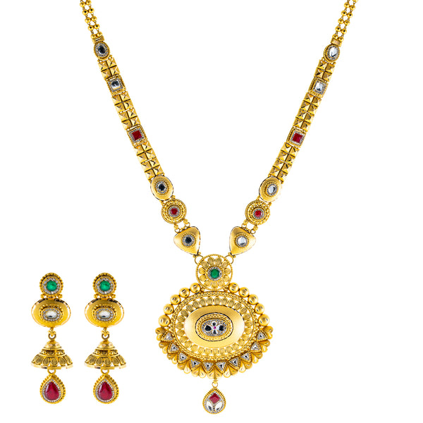 22K Yellow Gold Bridal Necklace Set w/ CZ, Emerald, Kundan & Ruby (78.4gm) | 



Virani Jewelers presents to you this stunning 22k gold necklace set that combines rich tradit...