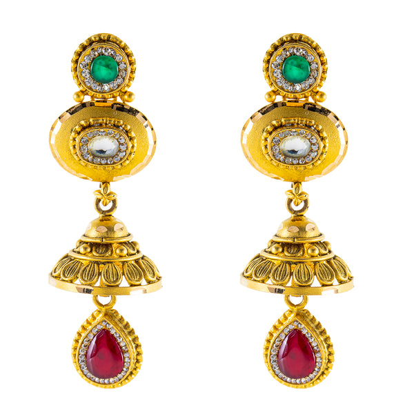 22K Yellow Gold Bridal Necklace Set w/ CZ, Emerald, Kundan & Ruby (78.4gm) | 



Virani Jewelers presents to you this stunning 22k gold necklace set that combines rich tradit...