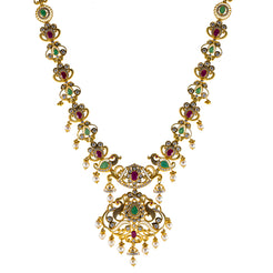 22K Antique Yellow Gold Necklace w/ CZ, Emerald, Pearls & Ruby (81.9gm)