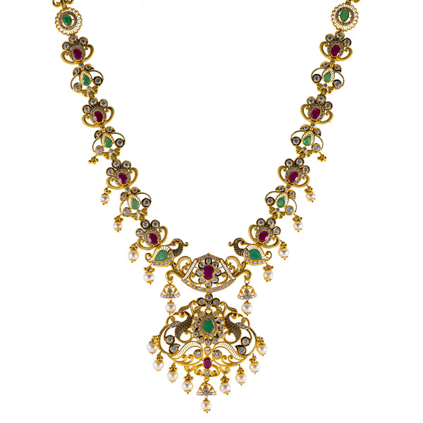 22K Antique Yellow Gold Necklace w/ CZ, Emerald, Pearls & Ruby (81.9gm) | 



This 22k antique yellow gold necklace from Virani Jewelers radiates sophistication, with its ...