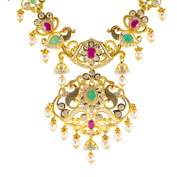 22K Antique Yellow Gold Necklace w/ CZ, Emerald, Pearls & Ruby (81.9gm) | 



This 22k antique yellow gold necklace from Virani Jewelers radiates sophistication, with its ...