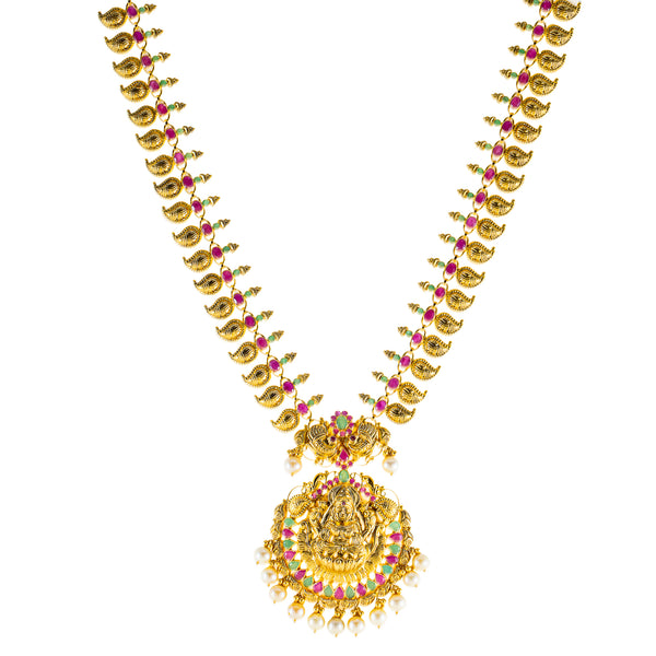 22K Antique Yellow Gold Temple Necklace w/ Emerald, Pearls & Ruby (73.4gm) | Inspired by traditional Indian Temple jewelry, this 22k gold necklace set from Virani Jewelers sh...