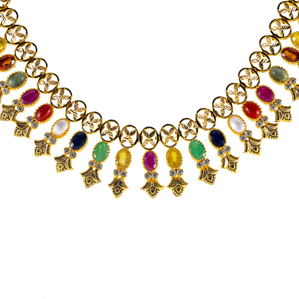 22K Antique Yellow Gold Necklace w/ CZ, Emerald, Pearls & Ruby (65.6gm) | 



Virani Jewelers brings the beauty of Indian temple jewelry to life with this 22k antique gold...