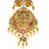 22K Antique Yellow Gold Temple Necklace w/ CZ, Pearls & Ruby (90.9gm) | 



Featuring an elegant blend of ruby, emerald, pearls, and cubic zirconia stones, this 22k anti...