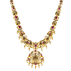 22K Antique Yellow Gold Temple Necklace w/ Kundan, Emerald, CZ, Sapphire & Ruby (84gm)