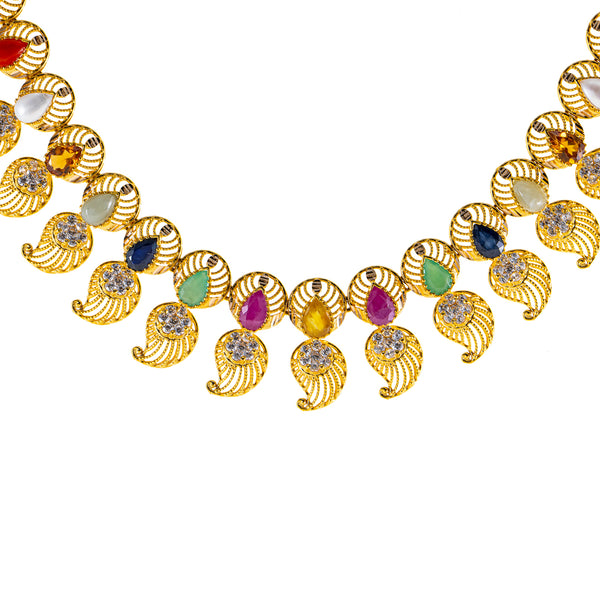 22K Antique Yellow Gold Temple Necklace w/ Emerald, Ruby, and CZ (62.2gm) | 



Featuring an elegant blend of XXXXX stones, this 22k antique gold temple necklace from Virani...