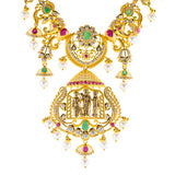 22K Antique Yellow Gold Temple Necklace w/ Emerald, Pearl & Ruby (83.8gm) | 



Virani Jewelers presents a stunning 22k antique gold Temple necklace, inspired by the grandeu...