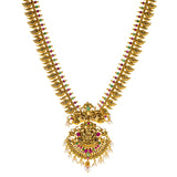 22K Antique Yellow Gold Temple Necklace w/ Emerald, Pearl & Ruby (54.3gm) | 



Drawing inspiration from the beauty of Indian temple jewelry, this 22k gold necklace with eme...