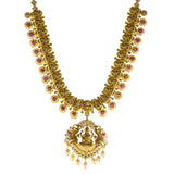 22K Antique Gold Lakshmi Necklace w/ CZ, Emerald, Ruby & Pearl (111.7gm) | 



Designed with the elegance, this 22k antique gold Lakshmi necklace set by Virani Jewelers fea...