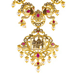 22K Antique Gold Temple Necklace w/ CZ, Ruby & Pearl (81.6gm) | 



This 22k antique gold temple necklace from Virani Jewelers exudes sophistication, blending tr...