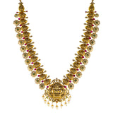 22K Antique Gold Temple Necklace w/ CZ, Emerald, Ruby & Pearl (88.3gm) | 



Virani Jewelers presents to you this stunning 22k antique gold necklace that captures the ess...