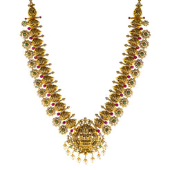 22K Antique Gold Temple Necklace w/ CZ, Emerald, Ruby & Pearl (88.3gm)