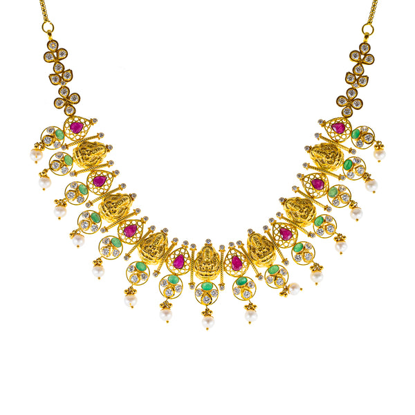 22K Antique Gold Temple Necklace w/ CZ, Emerald, Ruby & Pearl (41gm) | 



Crafted in 22k antique gold, this exquisite temple necklace from Virani Jewelers celebrates t...