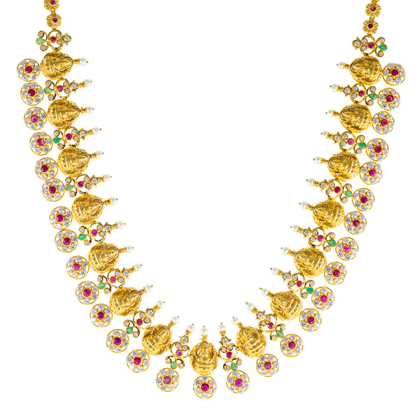 22K Antique Gold Temple Necklace w/ CZ, Emerald, Ruby & Pearl (97.8gm) | 



Virani Jewelers offers an exquisite 22k antique gold necklace, adorned with rubies, emeralds,...