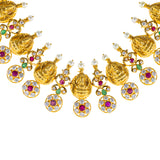 22K Antique Gold Temple Necklace w/ CZ, Emerald, Ruby & Pearl (97.8gm) | 



Virani Jewelers offers an exquisite 22k antique gold necklace, adorned with rubies, emeralds,...