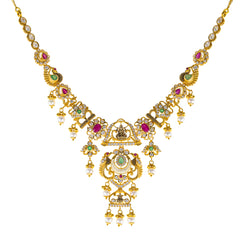 22K Antique Gold Temple Necklace w/ CZ, Emerald, Ruby & Pearl (43.2gm)