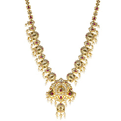 22K Antique Gold Temple Necklace w/ CZ, Ruby & Pearl (94.9gm)