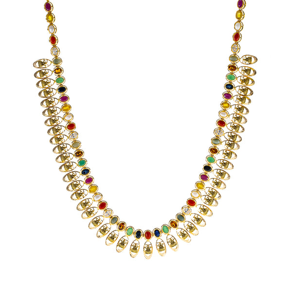 22K Antique Gold Temple Necklace w/ CZ, Kundan, Ruby, Sapphire & Pearl (58.6gm) | 



Virani Jewelers presents to you this unique 22k antique gold temple necklace inspired by the ...