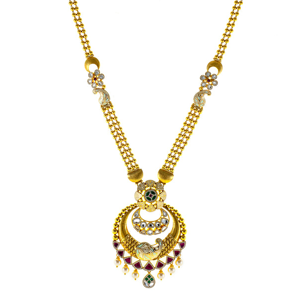 22K Yellow Gold Necklace Set w/ Kundan, Emerald, CZ, Pearls, and Ruby (85.2gm) | 



This 22k yellow gold necklace and earring set by Virani Jewelers showcases the exquisite arti...