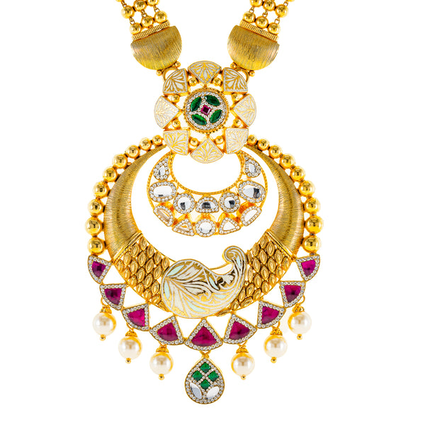 22K Yellow Gold Necklace Set w/ Kundan, Emerald, CZ, Pearls, and Ruby (85.2gm) | 



This 22k yellow gold necklace and earring set by Virani Jewelers showcases the exquisite arti...