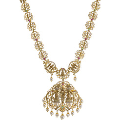 22K Yellow Gold Temple Necklace w/ Emerald, Ruby, Pearl & CZ (117.4gm)