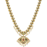 22K Yellow Gold Temple Necklace w/ Emerald, Ruby, Pearl & CZ (80.5gm) | 



This 22k gold necklace set by Virani Jewelers combines traditional temple jewelry artistry wi...