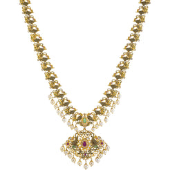 22K Yellow Gold Temple Necklace w/ Emerald, Ruby, Pearl & CZ (80.5gm)