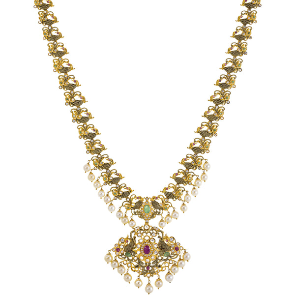 22K Yellow Gold Temple Necklace w/ Emerald, Ruby, Pearl & CZ (80.5gm) | 



This 22k gold necklace set by Virani Jewelers combines traditional temple jewelry artistry wi...