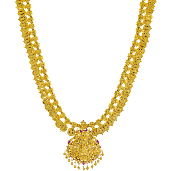 22K Yellow Gold & Ruby Temple Necklace (64.2gm) | 



Inspired by the grandeur of Indian temple jewelry craftsmanship, this 22k gold necklace from ...