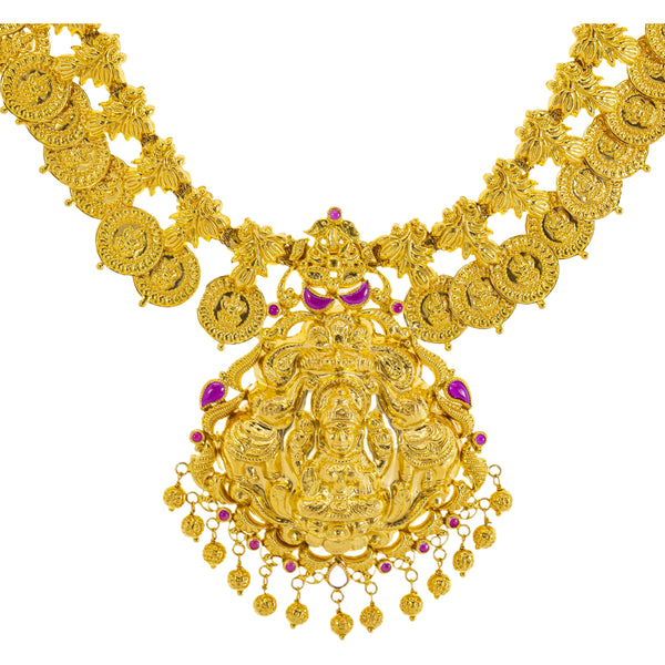 22K Yellow Gold & Ruby Temple Necklace (64.2gm) | 



Inspired by the grandeur of Indian temple jewelry craftsmanship, this 22k gold necklace from ...