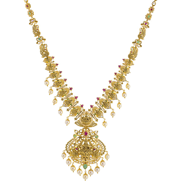 22K Yellow Gold Temple Necklace w/ Emerald, Ruby, CZ, and Pearl (82gm) | 



Adorning your neck with this lovely 22k gold temple necklace by Virani Jewelers brings the el...