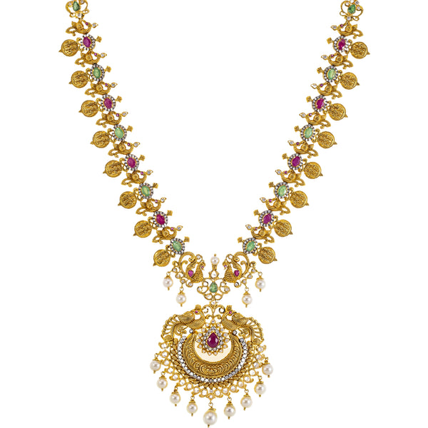 22K Yellow Gold Temple Necklace w/ Emerald, Ruby, CZ, and Pearl (96.2gm) | 



This stunning 22k gold temple necklace by Virani Jewelers draws on the essence of temple jewe...