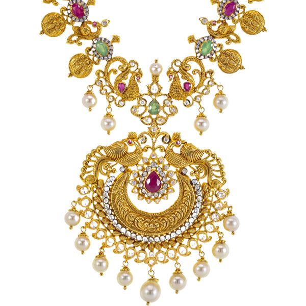 22K Yellow Gold Temple Necklace w/ Emerald, Ruby, CZ, and Pearl (96.2gm) | 



This stunning 22k gold temple necklace by Virani Jewelers draws on the essence of temple jewe...