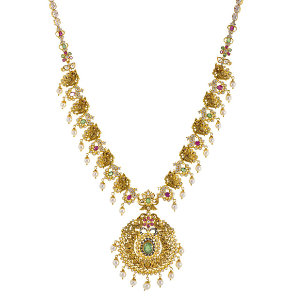 22K Yellow Gold Temple Necklace w/ Emerald, Ruby, CZ, and Pearl (92.15gm) | 



Virani Jewelers presents a 22k gold temple necklace that embodies the charm of traditional In...