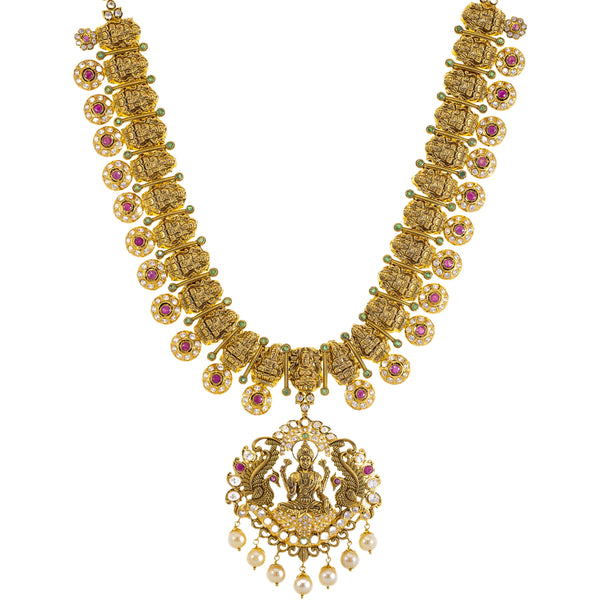 22K Yellow Gold Temple Necklace w/ Emerald, Ruby, CZ, and Pearl (111.8gm) | 



This exquisite 22k gold temple necklace from Virani Jewelers embodies the beauty of tradition...