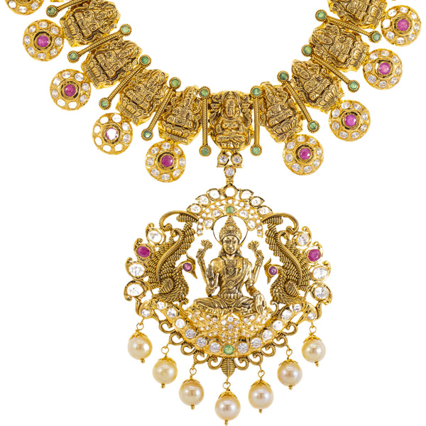 22K Yellow Gold Temple Necklace w/ Emerald, Ruby, CZ, and Pearl (111.8gm) | 



This exquisite 22k gold temple necklace from Virani Jewelers embodies the beauty of tradition...