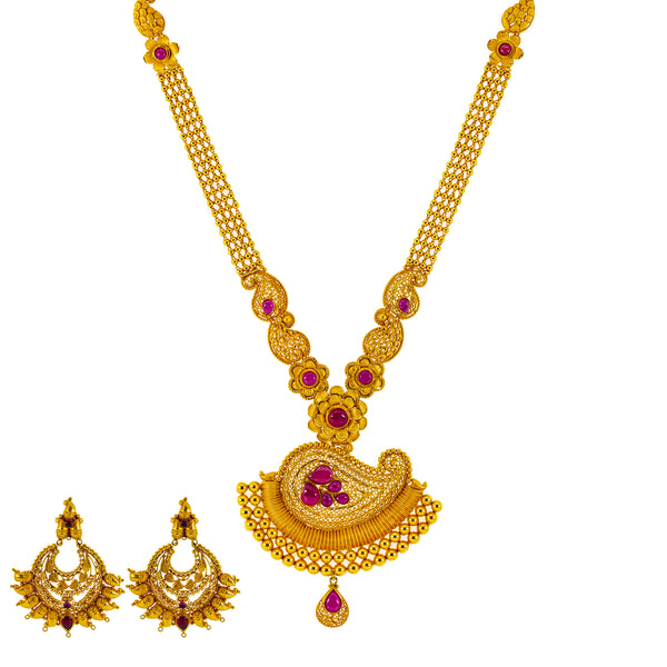 22K Yellow Gold & Ruby Necklace & Chandbali Earrings Set (97.3 grams) | 



Discover the essence of luxury with this 22k yellow gold and ruby necklace and Chandbali earr...