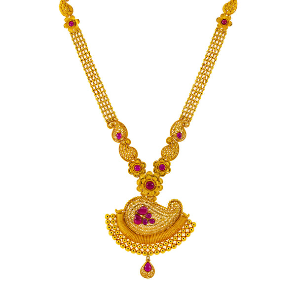 22K Yellow Gold & Ruby Necklace & Chandbali Earrings Set (97.3 grams) | 



Discover the essence of luxury with this 22k yellow gold and ruby necklace and Chandbali earr...