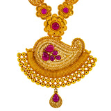 22K Yellow Gold & Ruby Necklace & Chandbali Earrings Set (97.3 grams) | 



Discover the essence of luxury with this 22k yellow gold and ruby necklace and Chandbali earr...