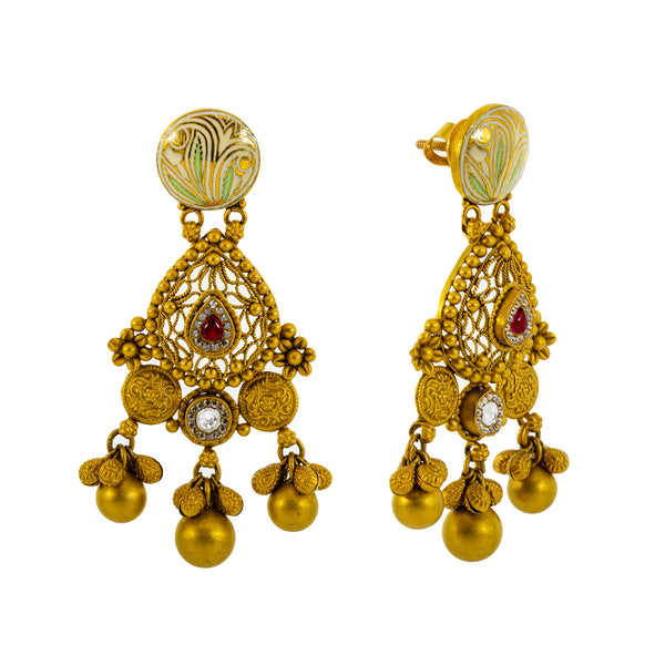 22K Yellow Gold, Kundan & Ruby Necklace & Earrings Set (82.4 grams) | Make a statement with this stunning 22k yellow gold, Kundan and ruby necklace and earring set by ...