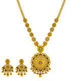 22K Yellow Gold, Emerald, Kundan & Ruby Necklace & Earrings Set (83.3 grams) | Adorn yourself with the luxurious allure of this 22k gold necklace and earring set from Virani Je...