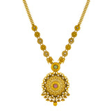 22K Yellow Gold, Emerald, Kundan & Ruby Necklace & Earrings Set (83.3 grams) | Adorn yourself with the luxurious allure of this 22k gold necklace and earring set from Virani Je...