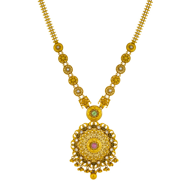 22K Yellow Gold, Emerald, Kundan & Ruby Necklace & Earrings Set (83.3 grams) | Adorn yourself with the luxurious allure of this 22k gold necklace and earring set from Virani Je...