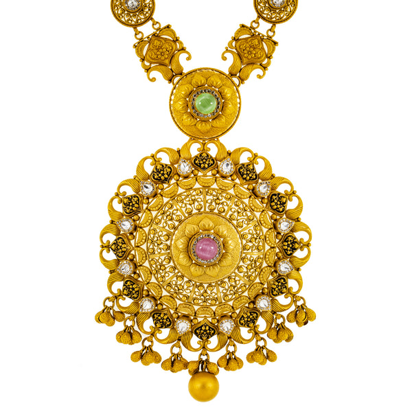 22K Yellow Gold, Emerald, Kundan & Ruby Necklace & Earrings Set (83.3 grams) | Adorn yourself with the luxurious allure of this 22k gold necklace and earring set from Virani Je...